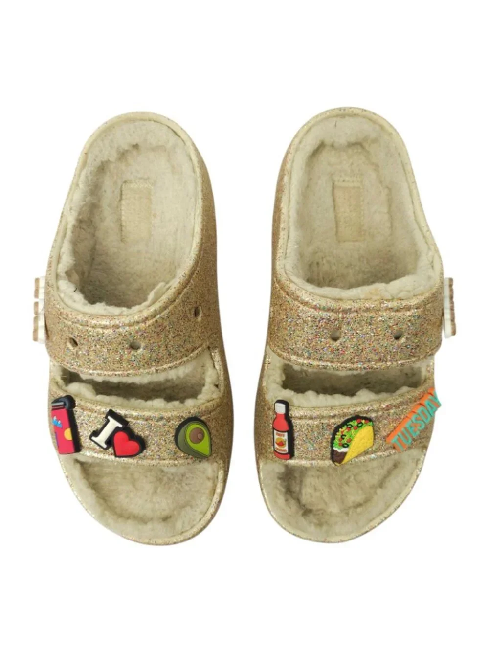 Crocs Classic Cozzzy Glitter Sandals Women 7 Gold Fuzzy Lined Slide Taco Jibbitz